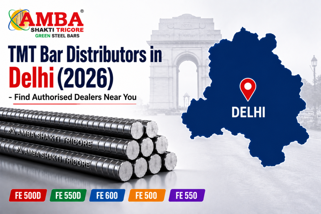 Amba Shakti Steels TMT Bar Distributors in Delhi (2026) banner featuring the Delhi map, authorised dealers, Green Steel TMT Bars, and Fe 500D, Fe 550D, Fe 600, Fe 500, and Fe 550 grades.