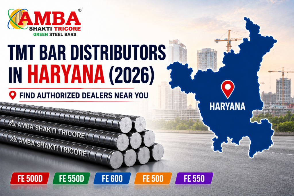 Amba Shakti Steels TMT Bar Distributors in Haryana (2026) banner featuring the Haryana map, authorised dealers, Green Steel TMT Bars, and Fe 500D, Fe 550D, Fe 600, Fe 500, and Fe 550 grades.