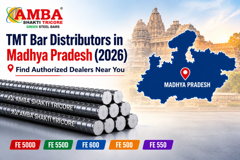 Amba Shakti Steels TMT Bar Distributors in Madhya Pradesh (2026) banner featuring the Madhya Pradesh map, authorised dealers, Green Steel TMT Bars, and Fe 500D, Fe 550D, Fe 600, Fe 500, and Fe 550 grades.