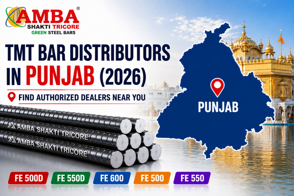 Amba Shakti Steels TMT Bar Distributors in Punjab (2026) banner featuring the Punjab map, authorised dealers, Green Steel TMT Bars, and Fe 500D, Fe 550D, Fe 600, Fe 500, and Fe 550 grades.