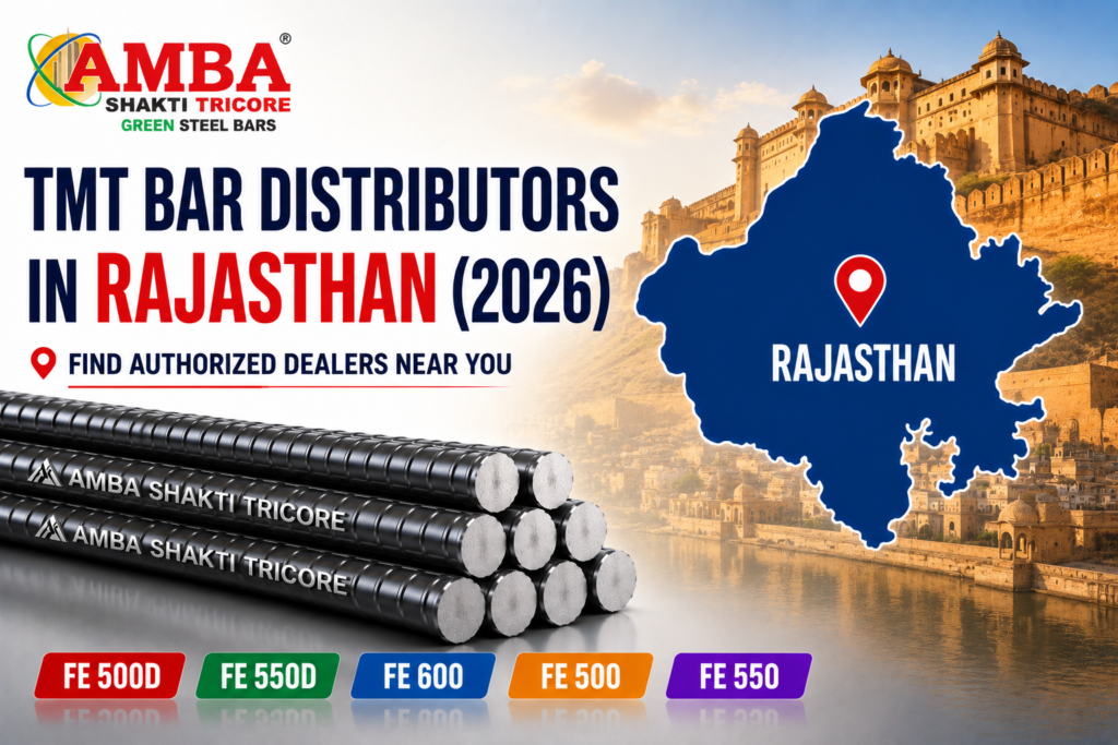 Amba Shakti Steels TMT Bar Distributors in Rajasthan (2026) banner featuring the Rajasthan map, authorised dealers, Green Steel TMT Bars, and Fe 500D, Fe 550D, Fe 600, Fe 500, and Fe 550 grades.
