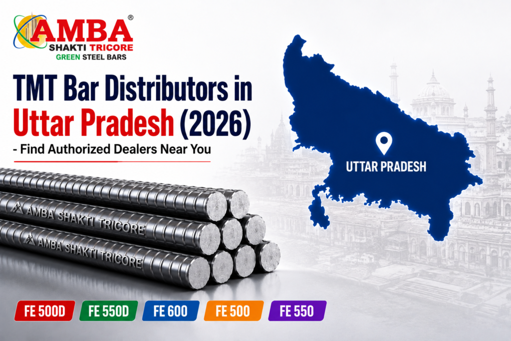 Amba Shakti Steels TMT Bar Distributors in Uttar Pradesh (2026) banner featuring the Uttar Pradesh map, authorized dealers, Green Steel TMT Bars, and Fe 500D, Fe 550D, Fe 600, Fe 500, and Fe 550 grades.