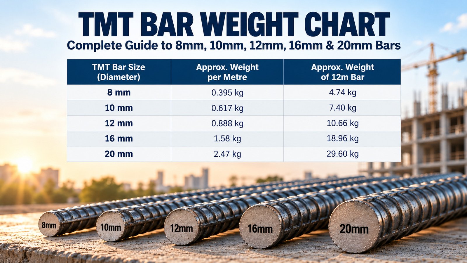 TMT Bar Weight Chart: Complete Guide to 8mm, 10mm, 12mm, 16mm & 20mm Bars